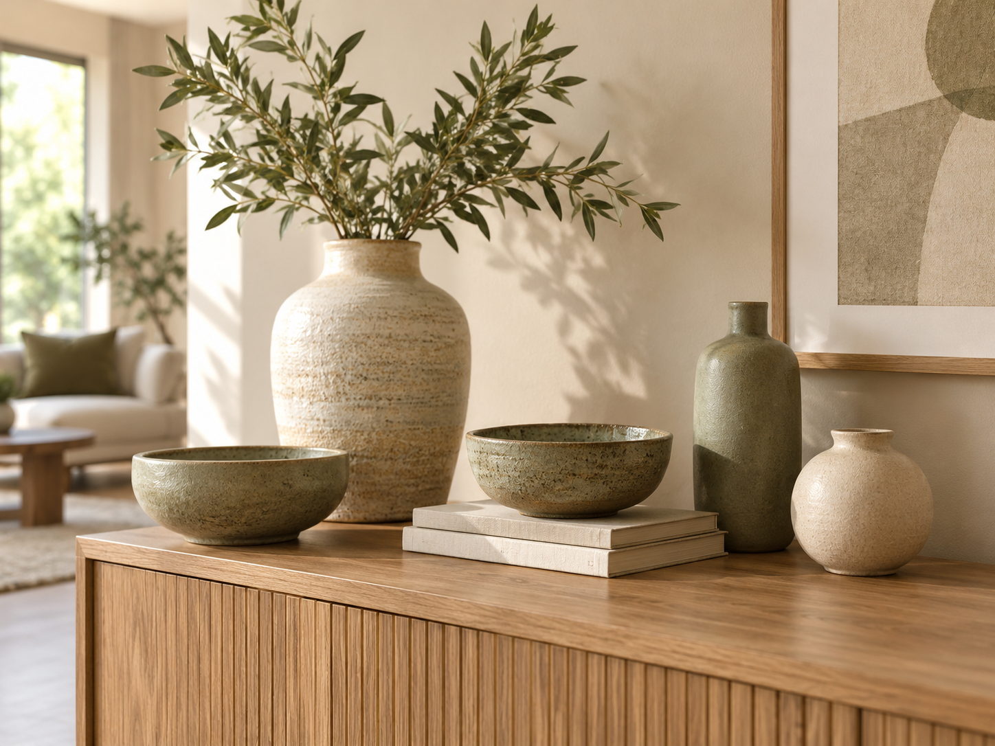 Ceramic vessels and leafy branches on a wooden cabinet