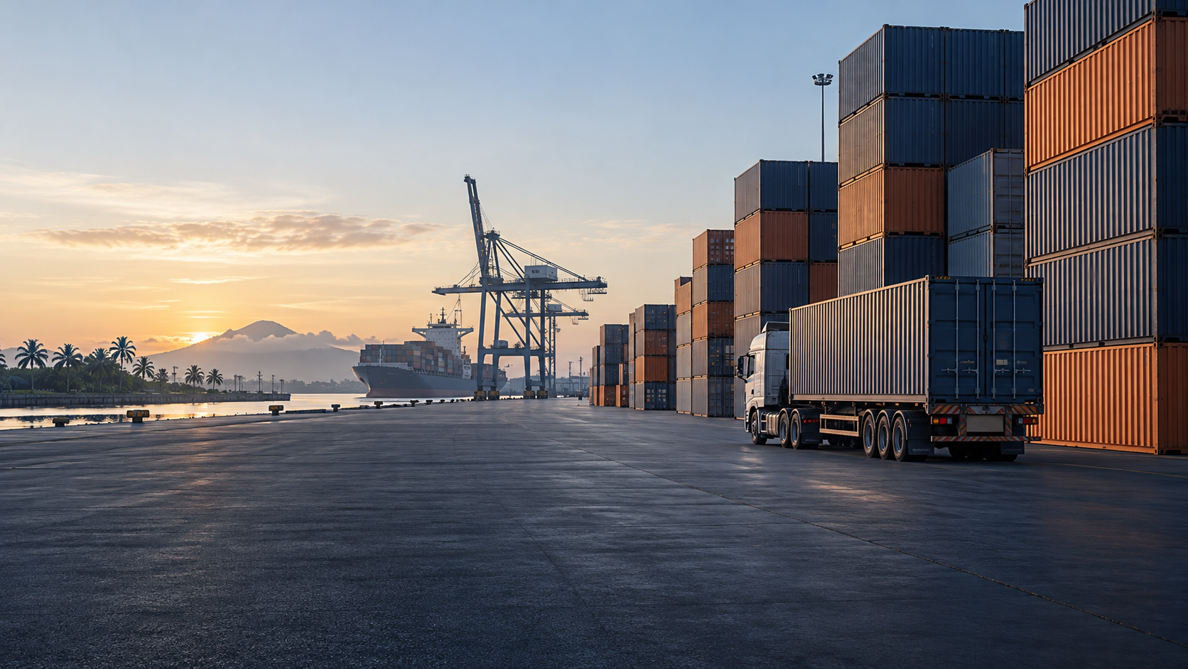 Illustrative container yard and transport scene